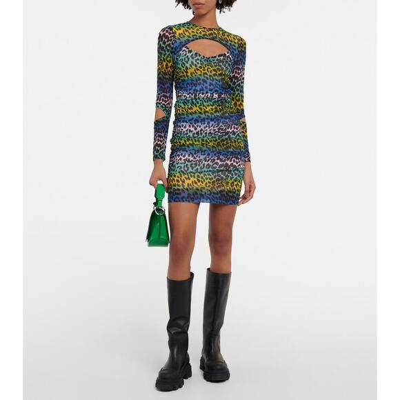 Ganni Leopard Print Cutout Mini Dress Multicolor Size 4 - Picture 1 of 8